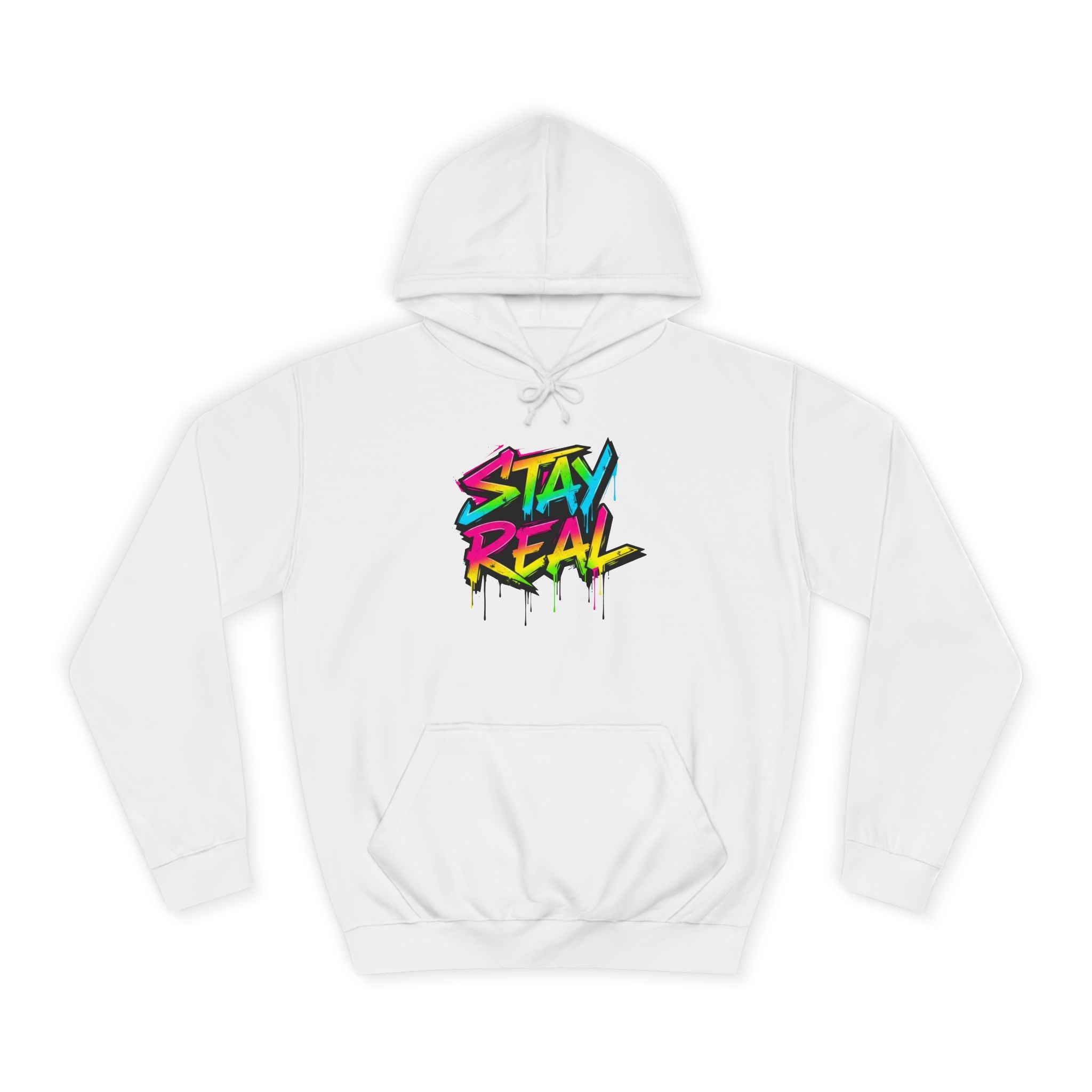 Stay Real Hoodie — Colorful Graffiti Text & Festive Reindeer Christmas Pullover