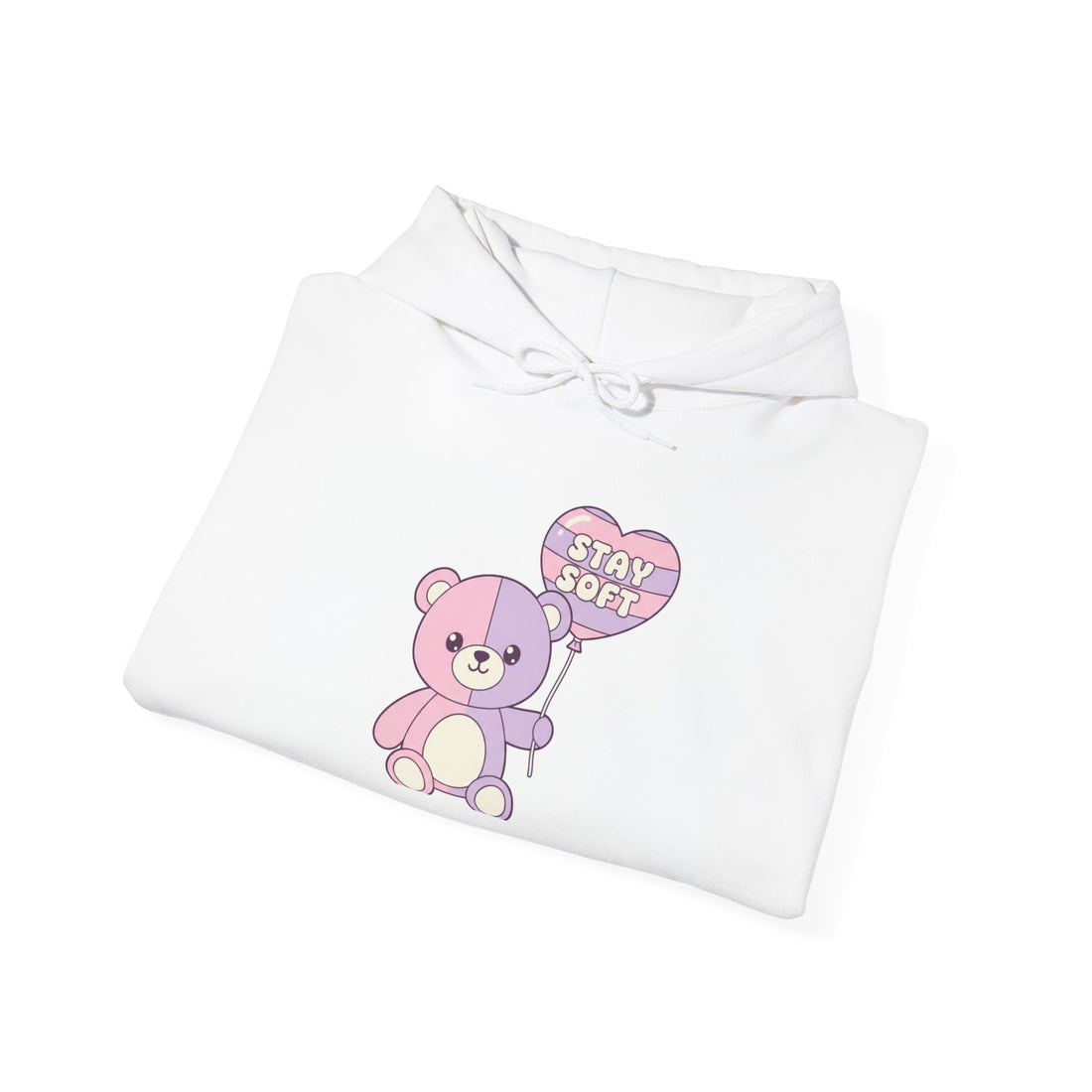 Cute Pink Teddy Hoodie — 'Stay Soft' Heart Balloon Graphic Sweatshirt