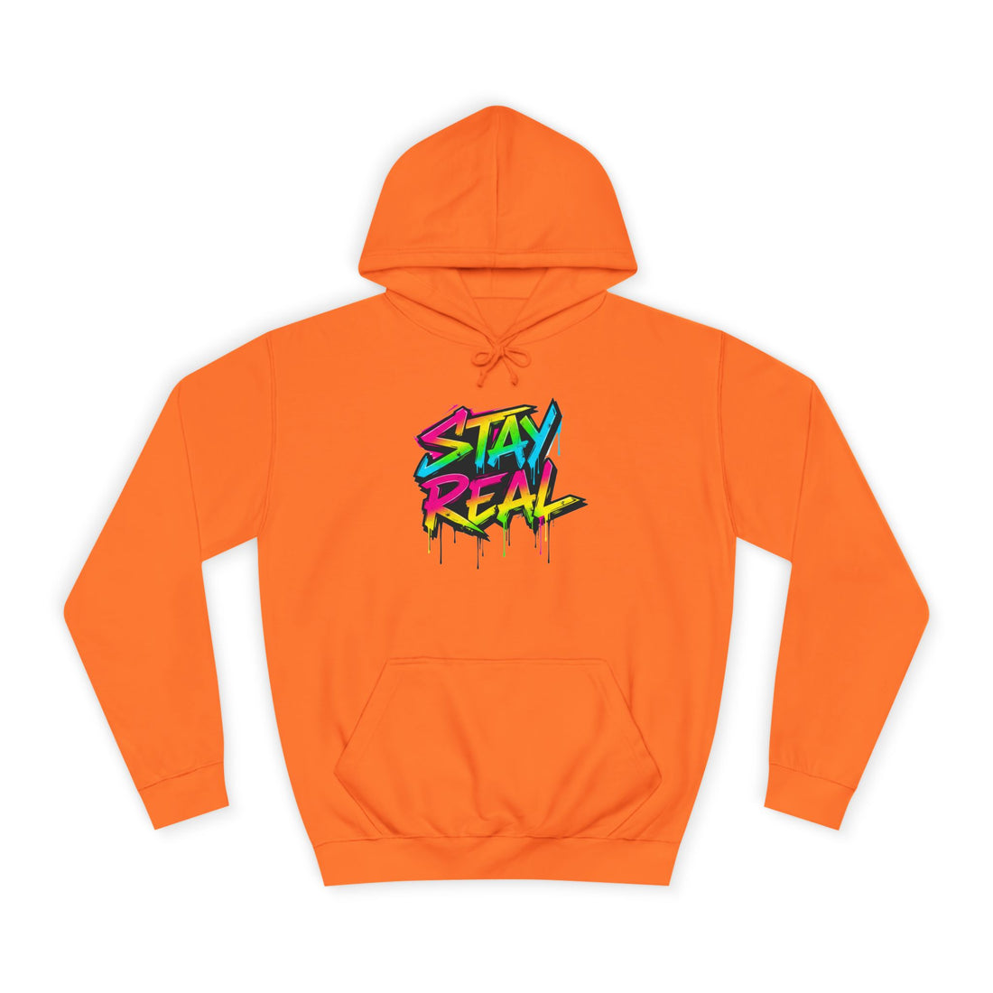 Stay Real Hoodie — Colorful Graffiti Text & Festive Reindeer Christmas Pullover