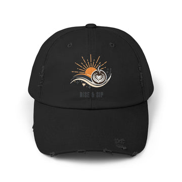 Distressed Cap — Rise & Sip Sunrise Coffee Dad Hat