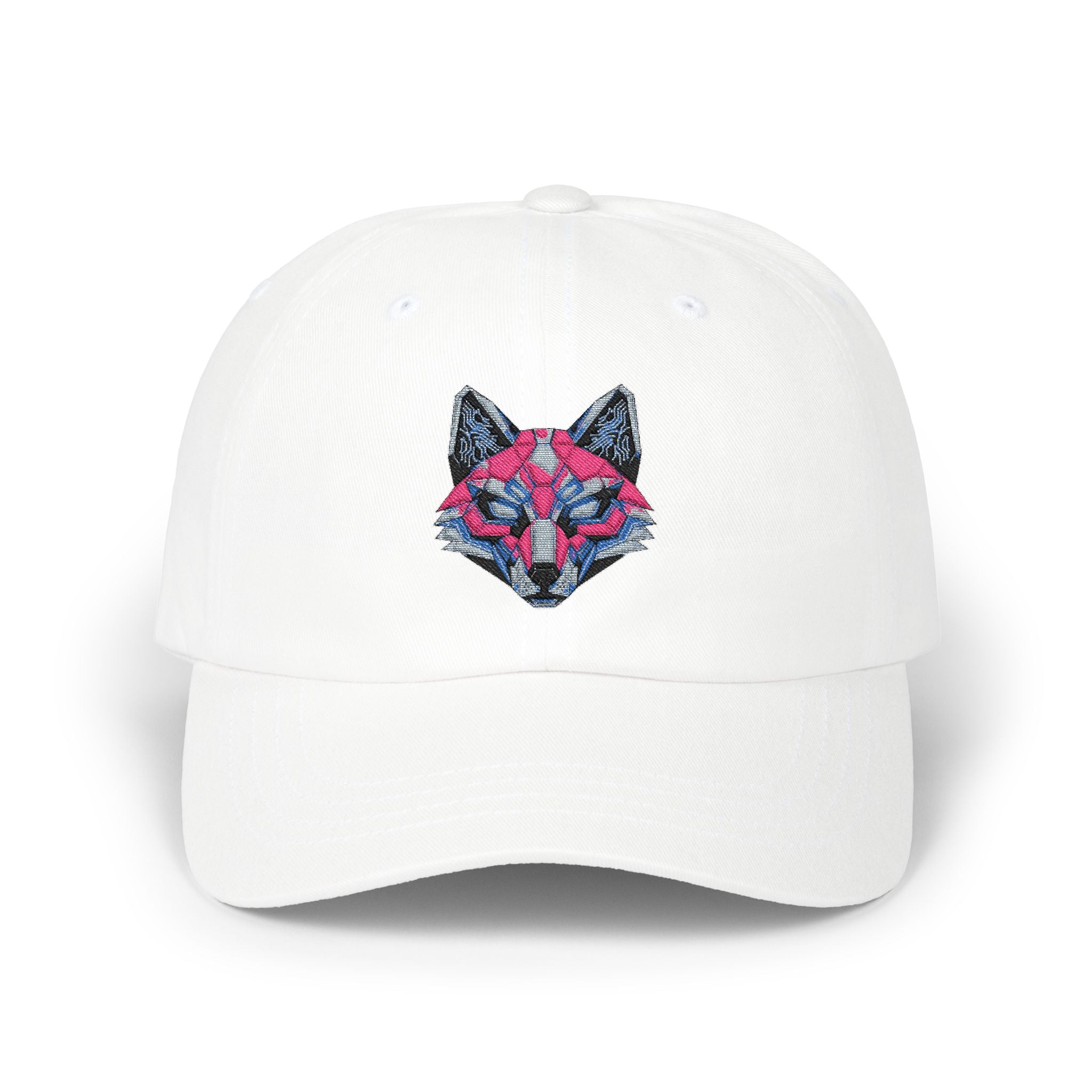 Embroidered Neon Fox Dad Cap — White Classic Baseball Hat