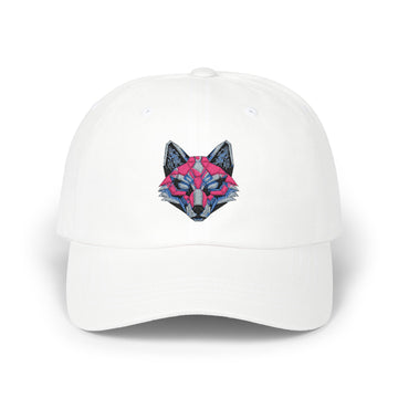 Embroidered Neon Fox Dad Cap — White Classic Baseball Hat