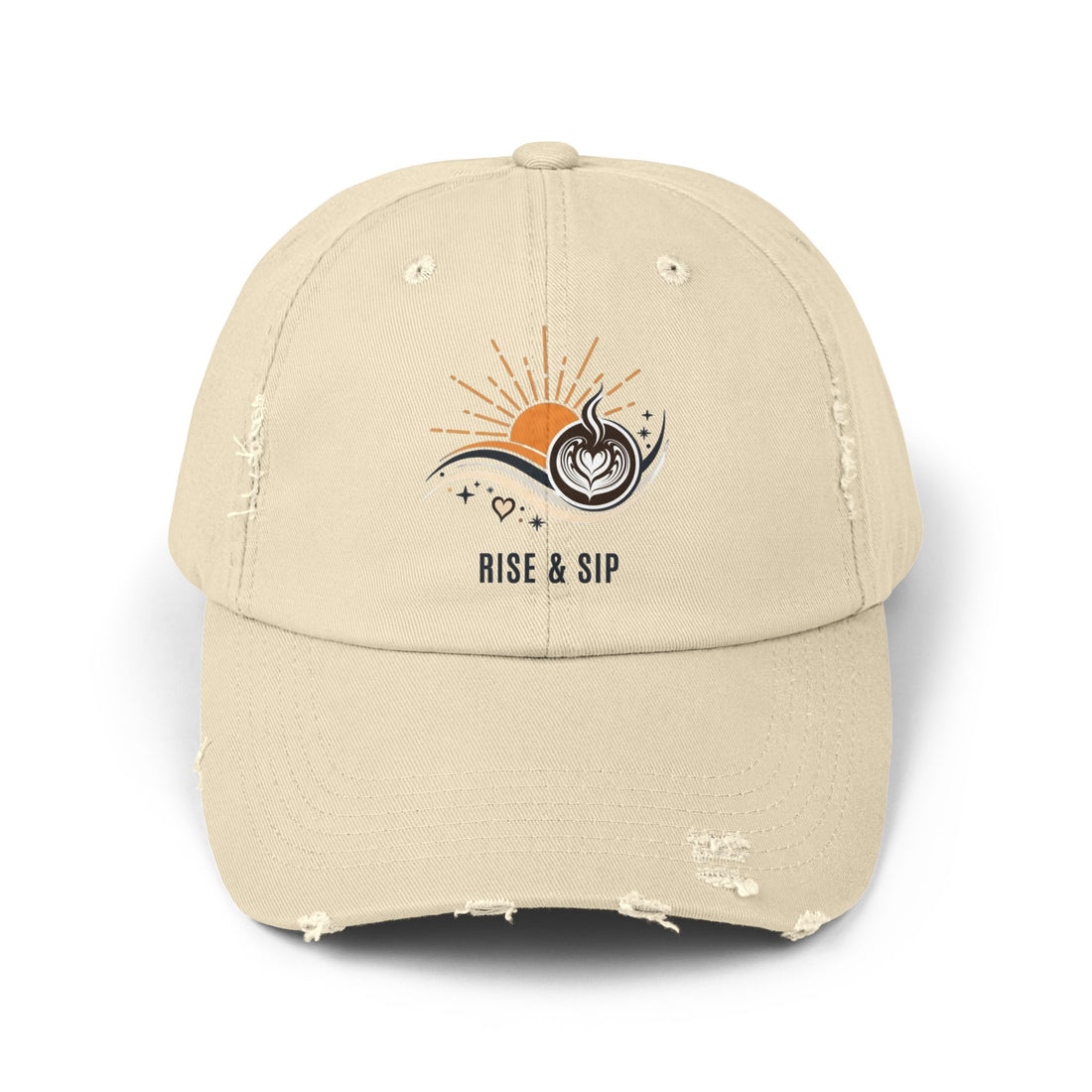 Distressed Cap — Rise & Sip Sunrise Coffee Dad Hat